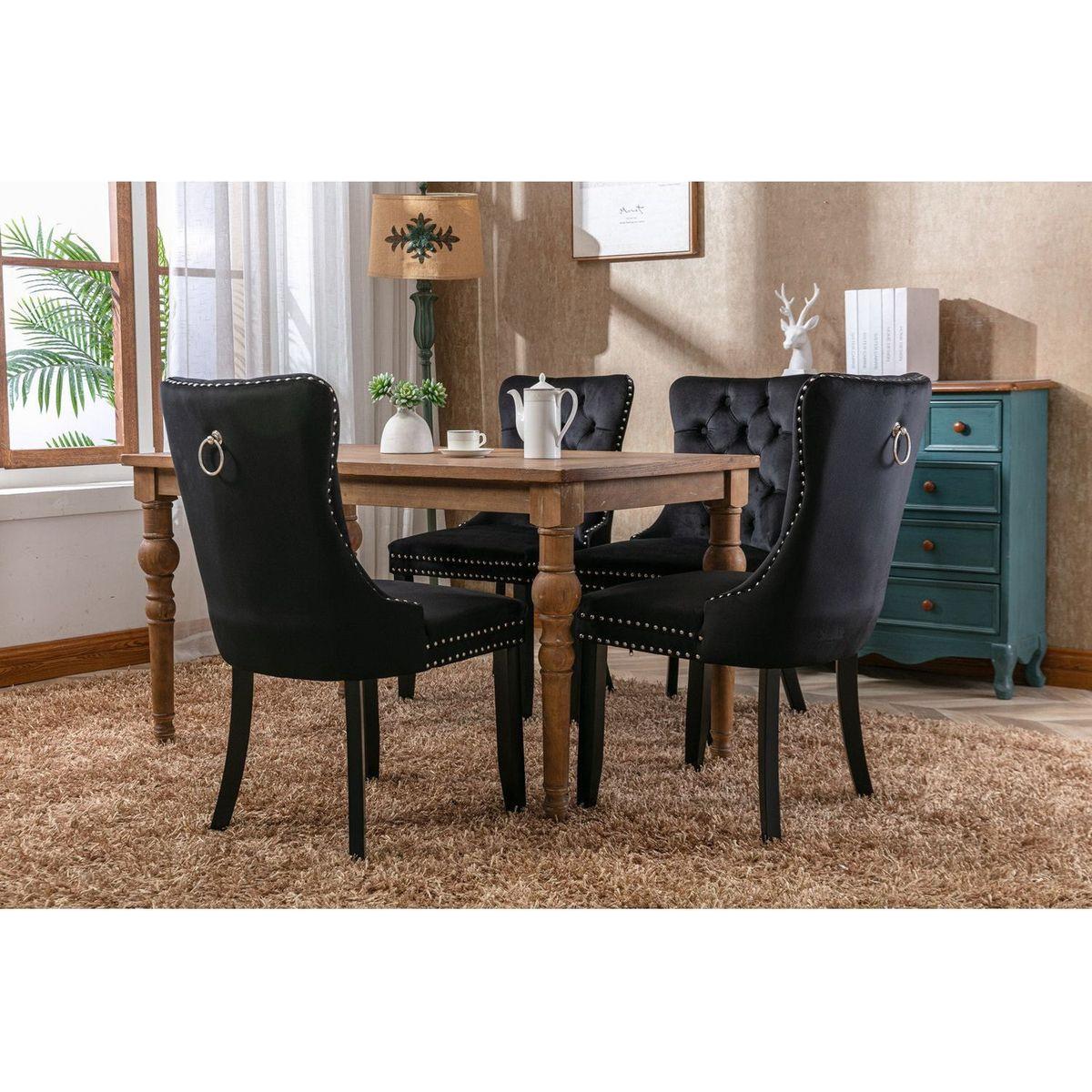 Nikki Collection Modern, High-end Tufted Solid Wood Contemporary Velvet Upholstered Dining Chair with Wood Legs Nailhead Trim 2-Pcs Set, Black