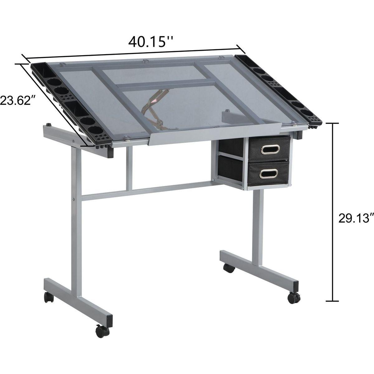 Adjustable Art Drawing Desk Craft Station Drafting with 2 Non-woven fabric Slide Drawers and 4 Wheels
