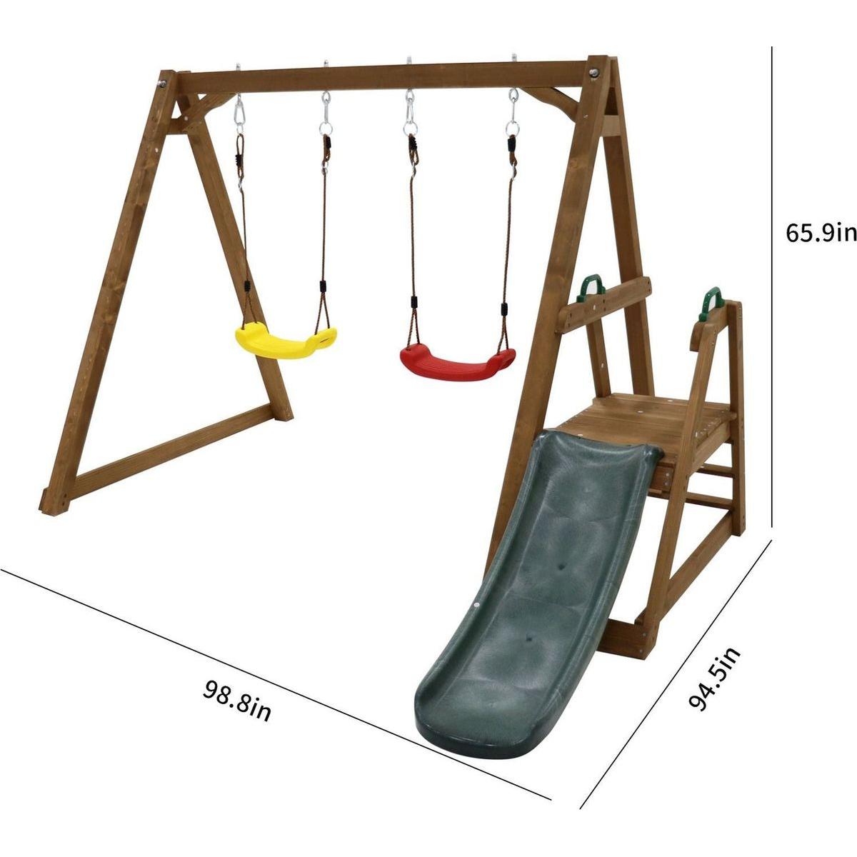 Wood Swing Set for Backyard, 2 in 1 Outdoor Swing Set with Slide, Climbing Rope Ladder Kids Backyard Playset