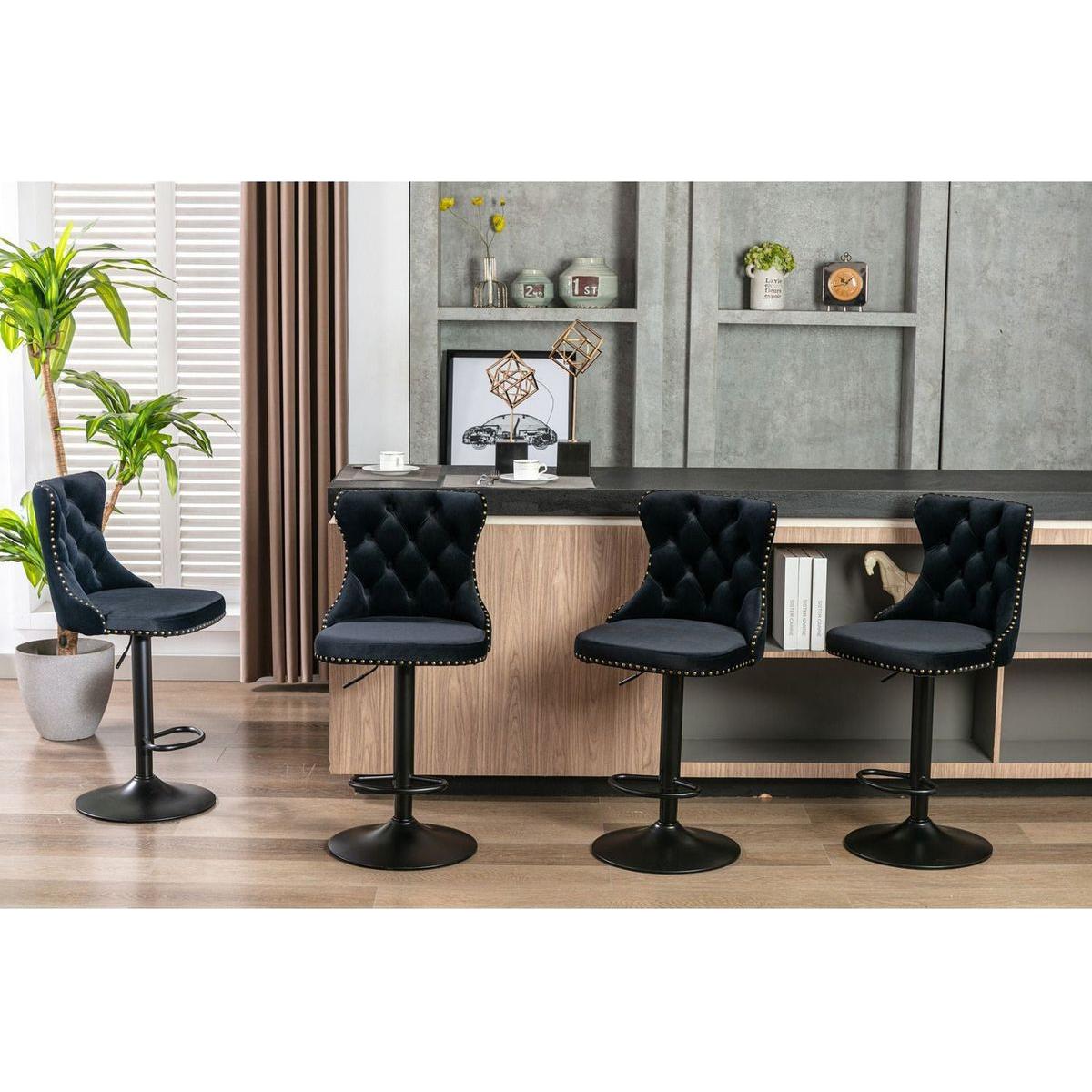 Swivel Velvet Barstools Adjusatble Seat Height from 25-33 Inch, Modern Upholstered Bar Stools with Backs Comfortable Tufted for Home Pub and Kitchen Island (Black, Set of 2) - Streamdale Furniture