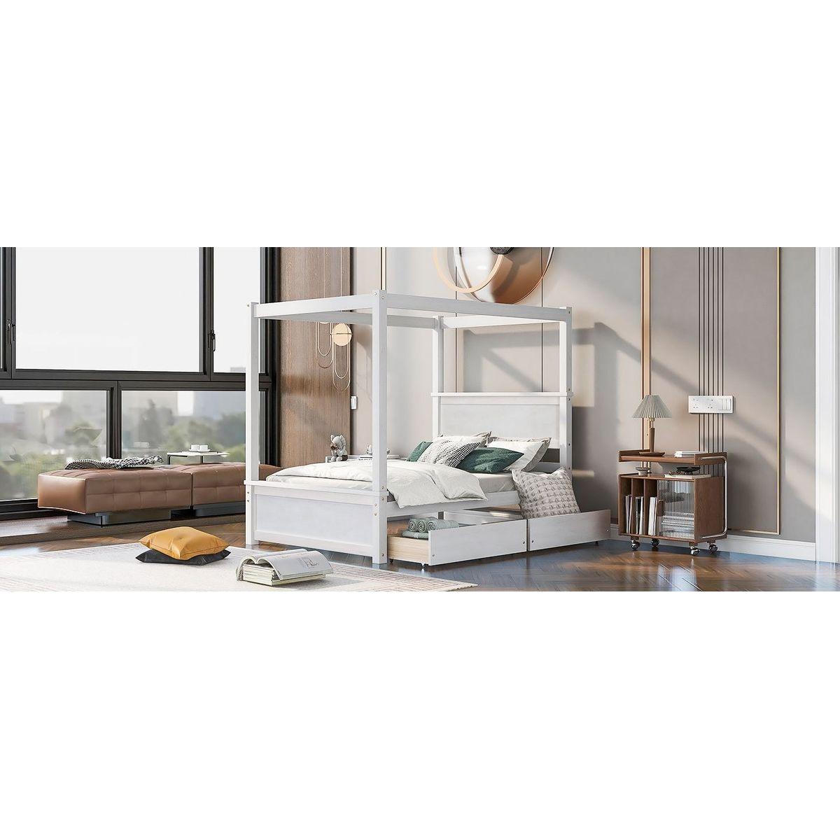 Wood Canopy Bed with two Drawers, Full Size Canopy Platform bed With Support Slats .No Box Spring Needed, Brushed White