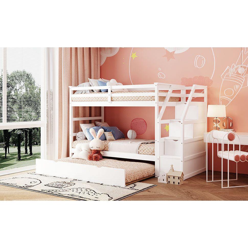 Twin-Over-Twin Bunk Bed with Twin Size Trundle and 3 Storage Stairs, White - Streamdale Furniture