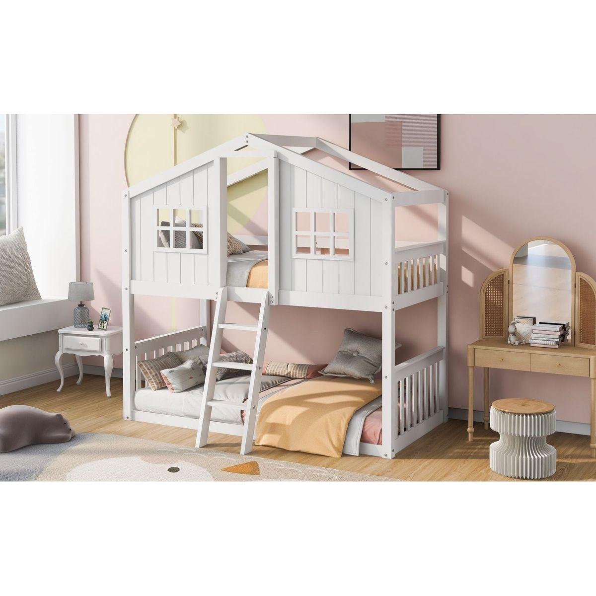 Twin Over Twin House Bunk Bed With Ladder, Wood Bed-White