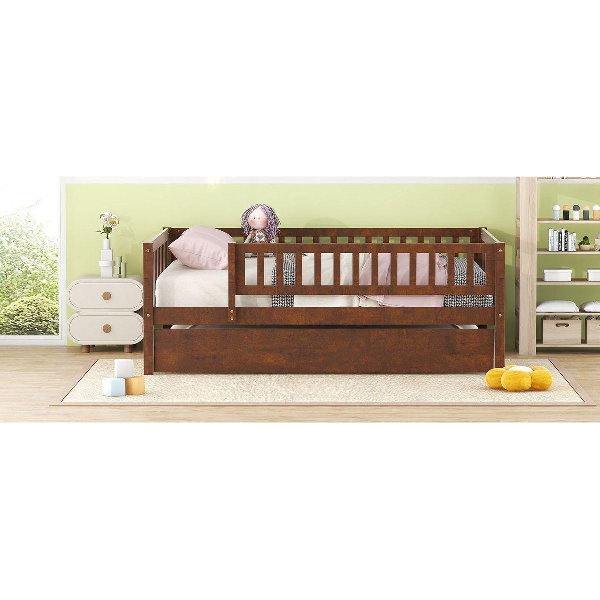 Full Size Wood Daybed with Trundle and Fence Guardrails, Walnut