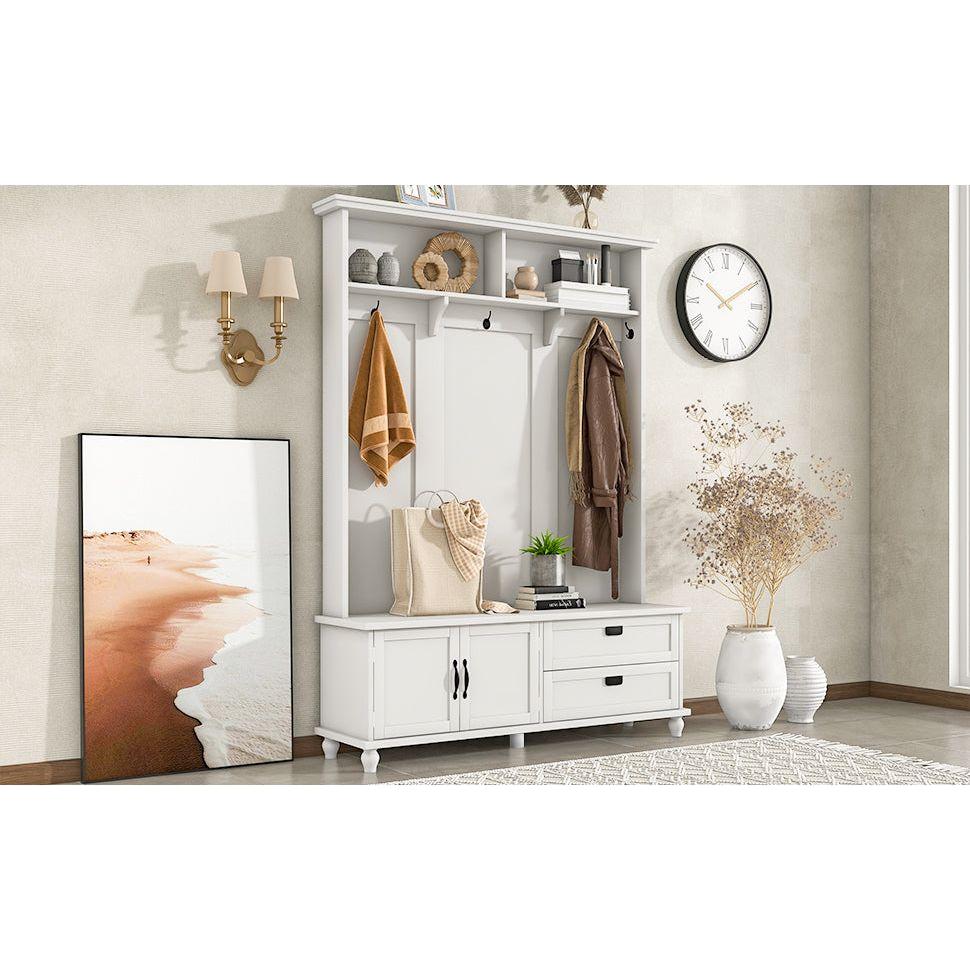 Modern Style Hall Tree with Storage Cabinet and 2 Large Drawers, Widen Mudroom Bench with 5 Coat Hooks, White