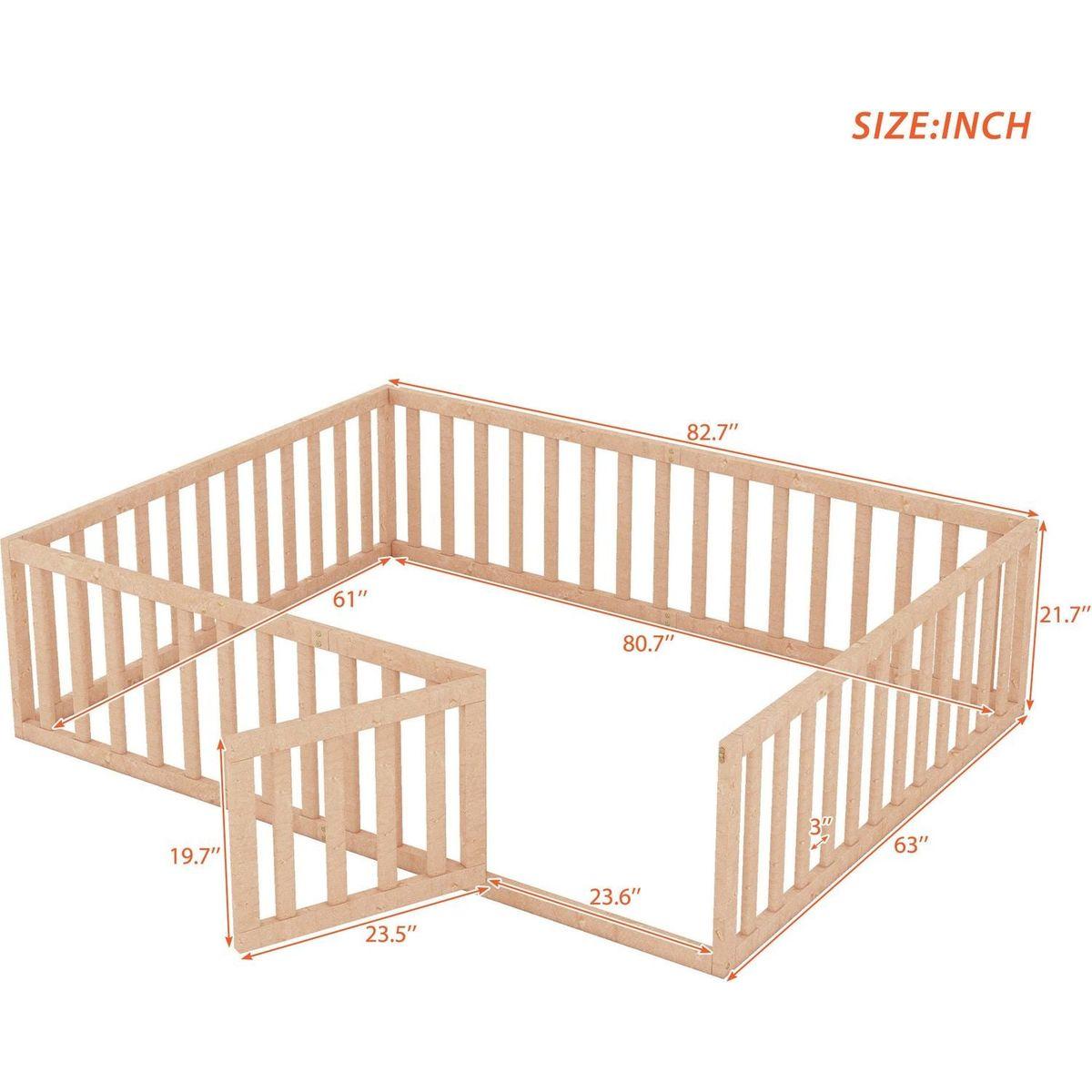 Queen Size Wood Floor Bed Frame with Fence and Door, Natural - Streamdale Furniture