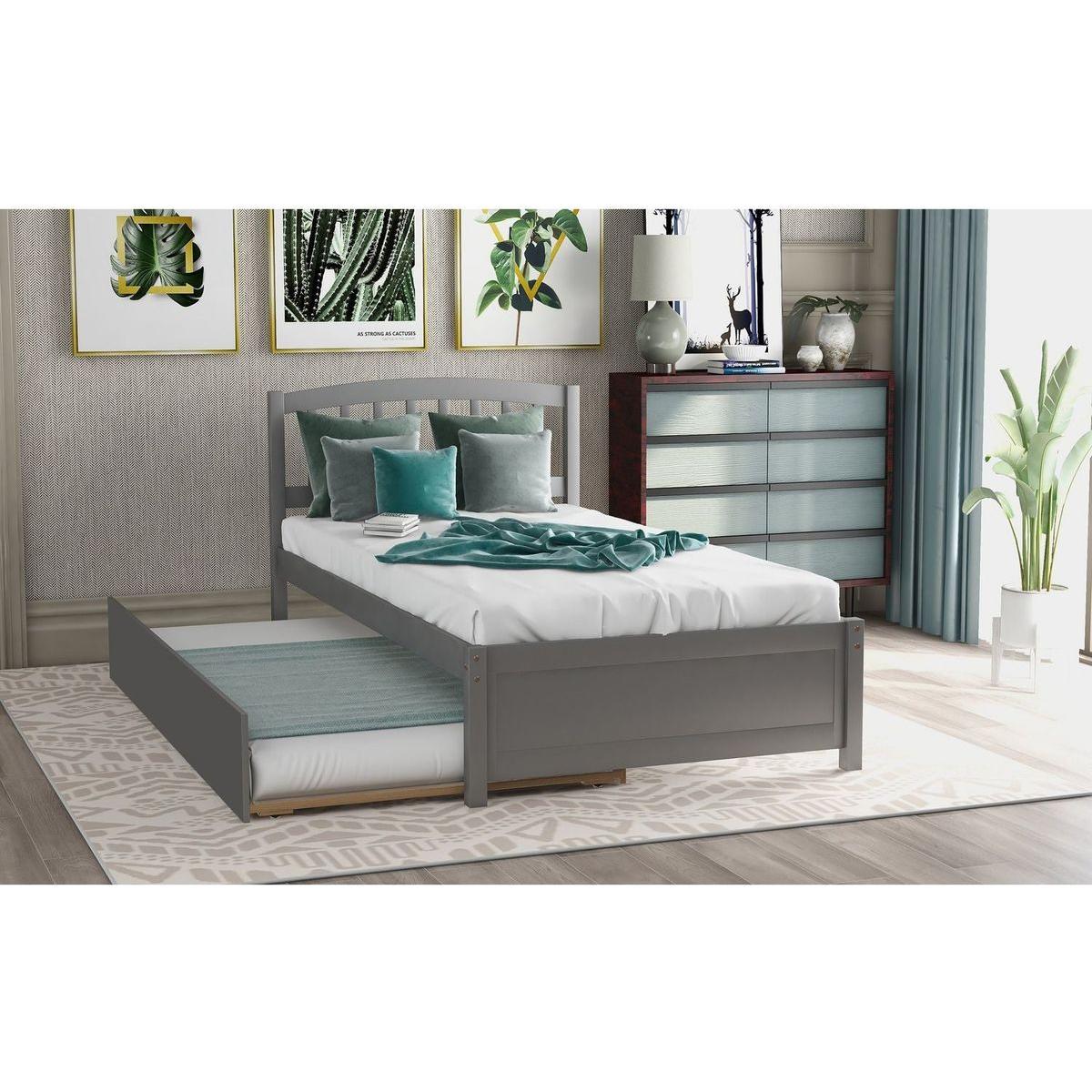 Twin size Platform Bed Wood Bed Frame with Trundle, Gray - Streamdale Furniture
