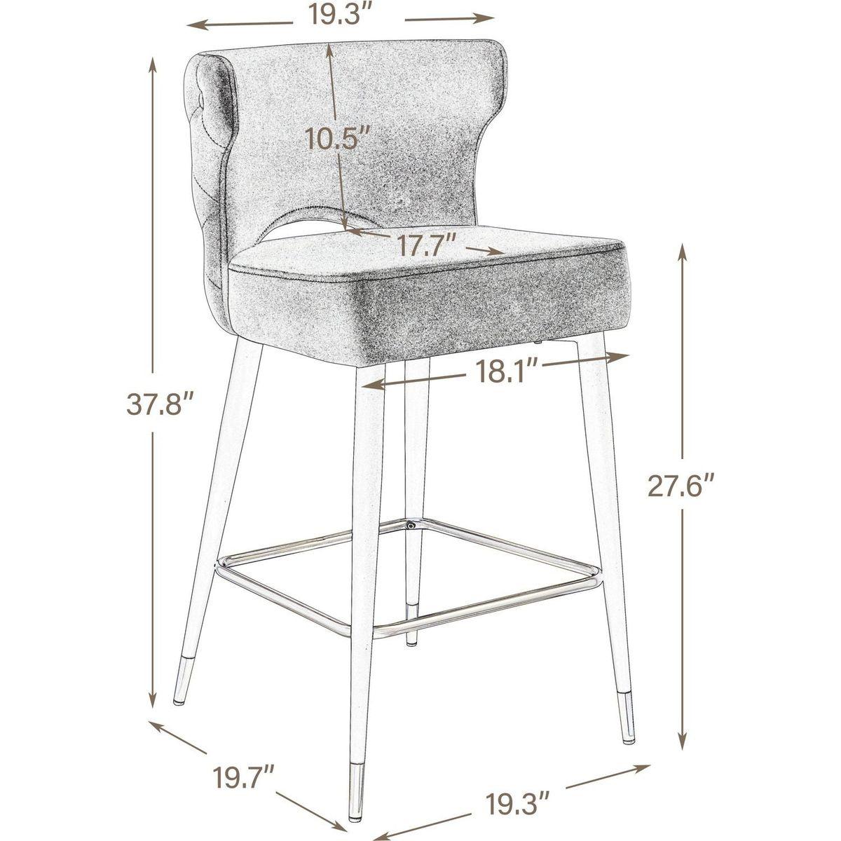 Woker Furniture Contemporary Velvet Upholstered Counter Height Stool with Gold Tipped, Black Metal Legs, 22" W x 19" D x 38.5" H, Gray