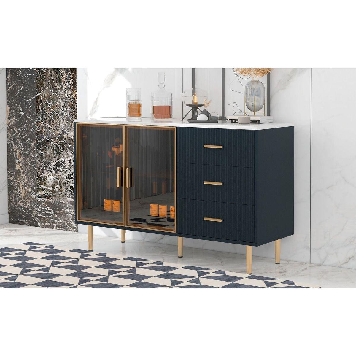 Modern Sideboard MDF Buffet Cabinet Marble Sticker Tabletop and Amber-yellow Tempered Glass Doors with Gold Metal Legs & Handles (Navy Blue)