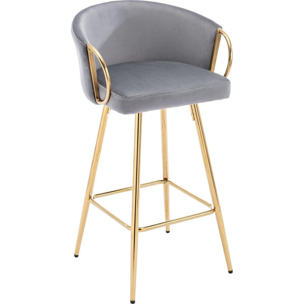 30 Inch Set of 2 Bar Stools, with Chrome Footrest and Base Velvet + Golden Leg Simple Bar Stool, GRAY