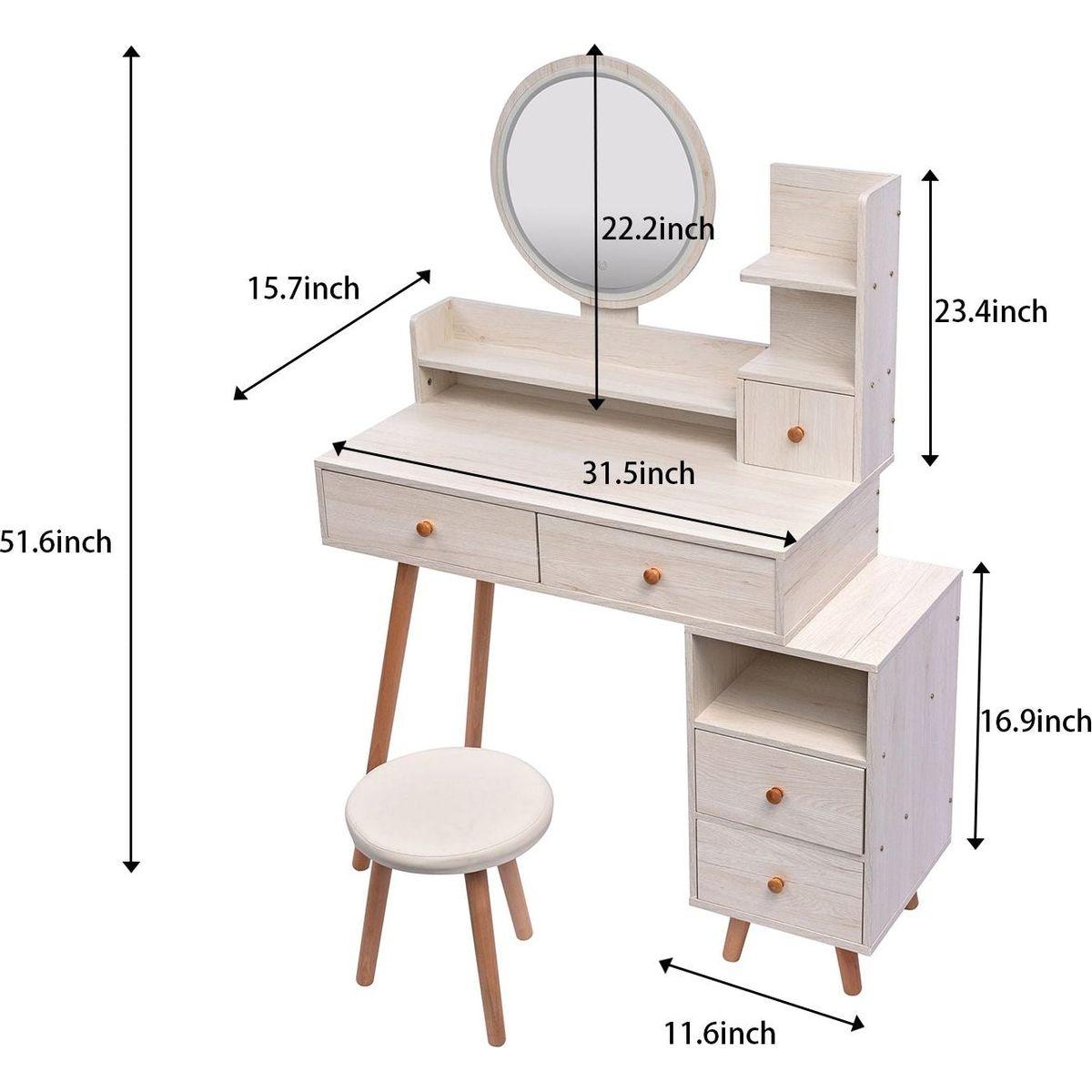 Stylish Vanity Table + Cushioned Stool, Touch Control LED Mirror, Large Capacity Storage Cabinet, 5 Drawers, Fashionable Makeup Furniture, Length Adjustable(L31.5"-43.2"x W15.8" x H48.1")
