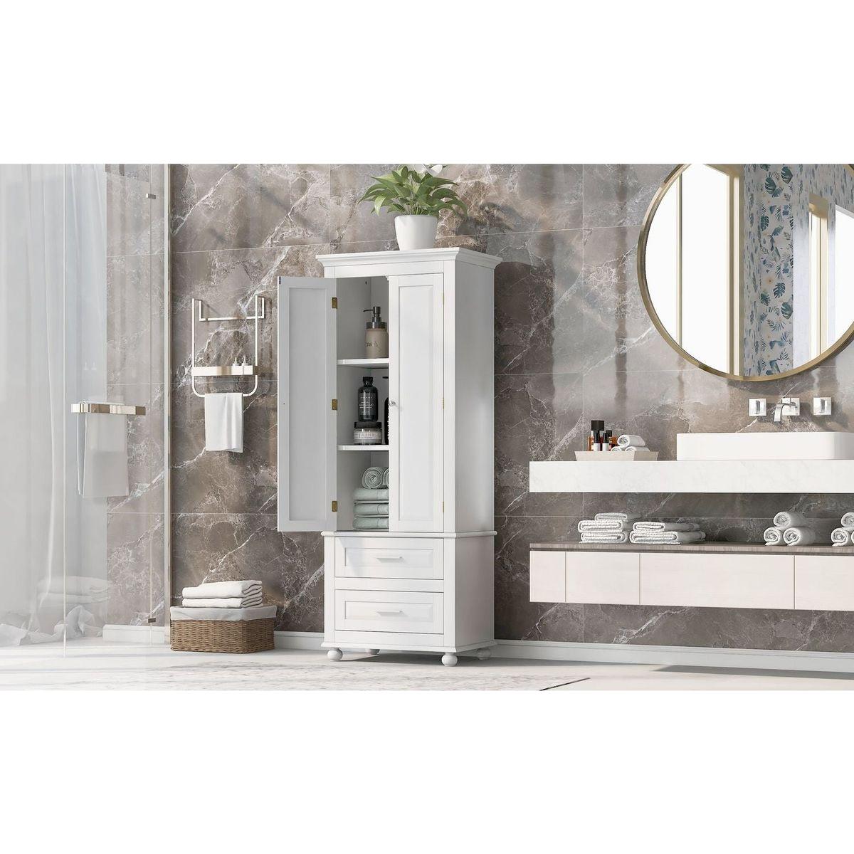 Tall Storage Cabinet with Two Drawers for Bathroom/Office, White