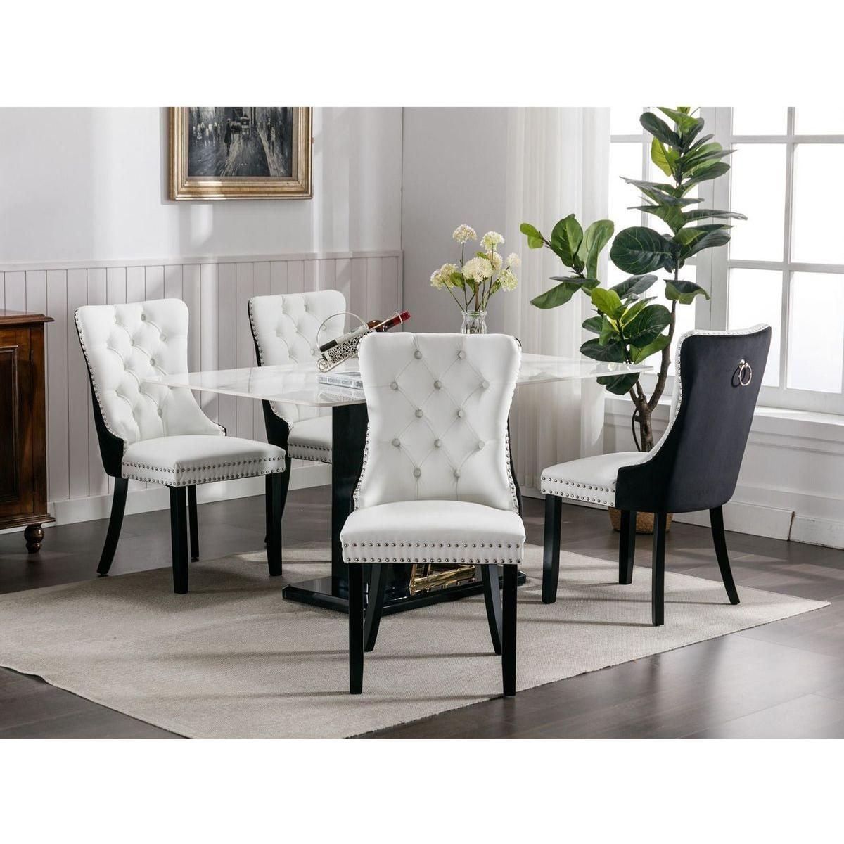 Nikki Collection Modern, High-end Tufted Solid Wood Contemporary PU and Velvet Upholstered Dining Chair with Wood Legs Nailhead Trim 2-Pcs Set White+Black - Streamdale Furniture