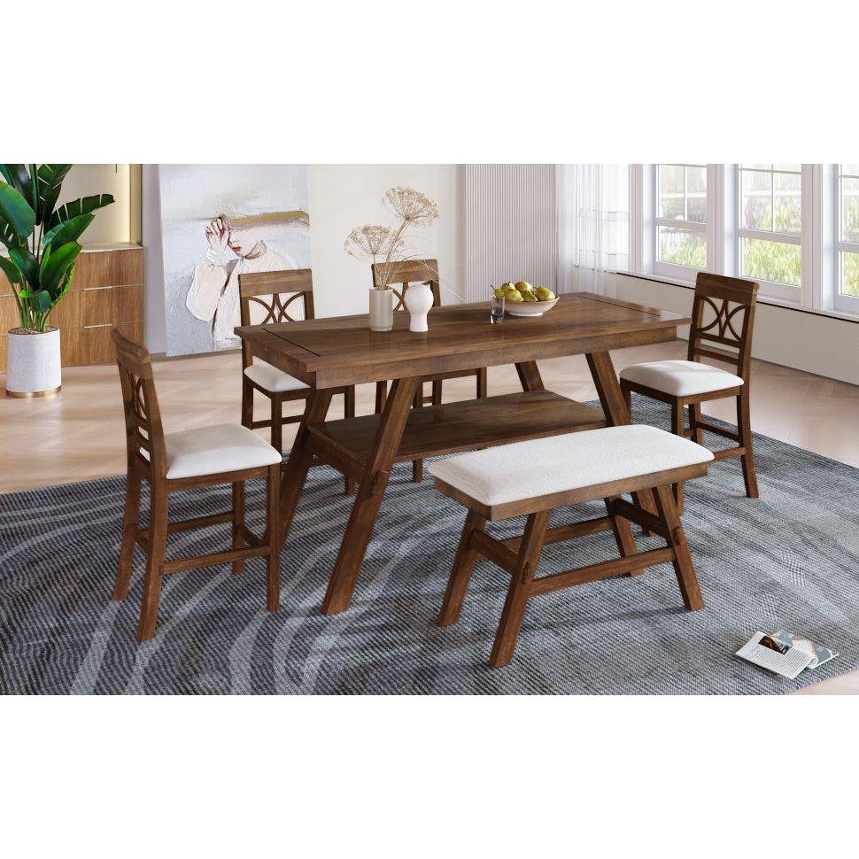 6-Piece Wood Counter Height Dining Table Set with Storage Shelf, Kitchen Table Set with Bench and 4 Chairs,Rustic Style, Walnut+Beige Cushion