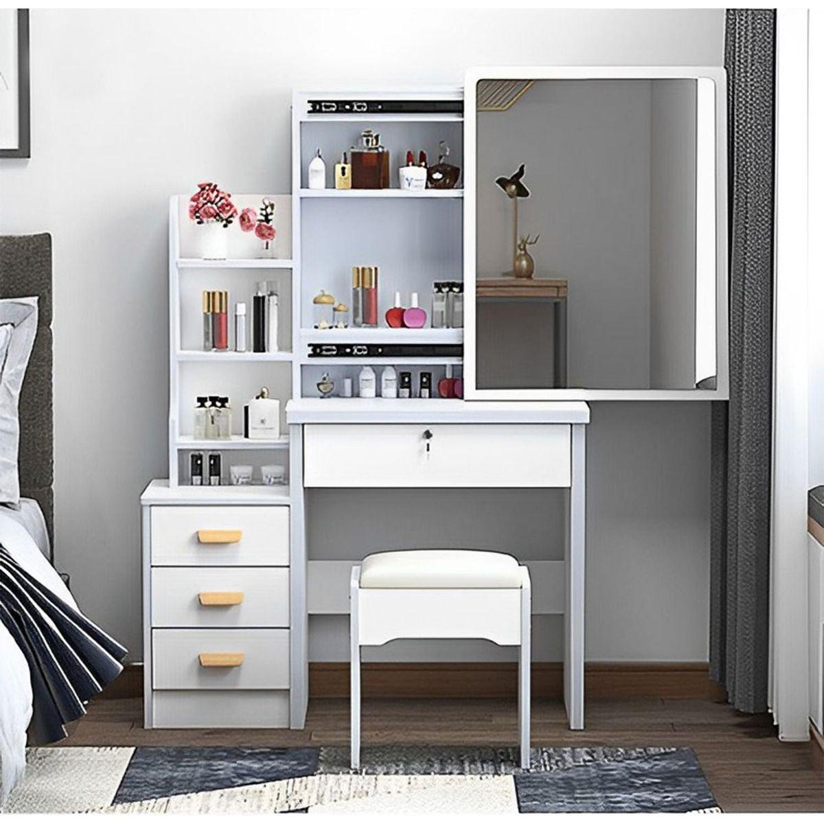 Streamdale White Vanity Desk Set with Mirror, Lights and Chair