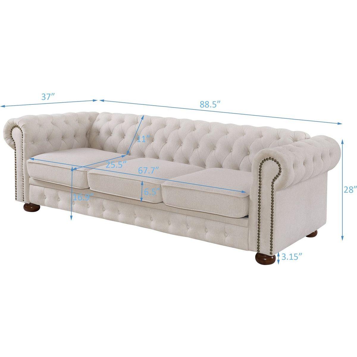 Chesterfield sofa beige linen fabric (Beige)