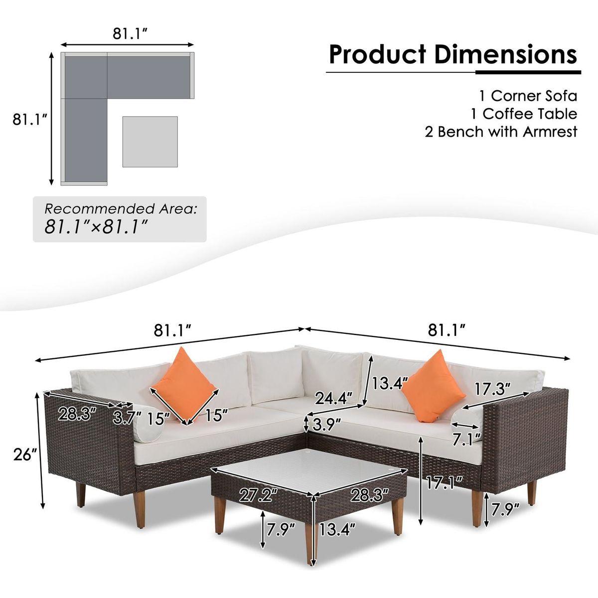 GO 4-pieces Outdoor Wicker Sofa Set, Patio Furniture with Colorful Pillows, L-shape sofa set, Beige cushions and Brown Rattan
