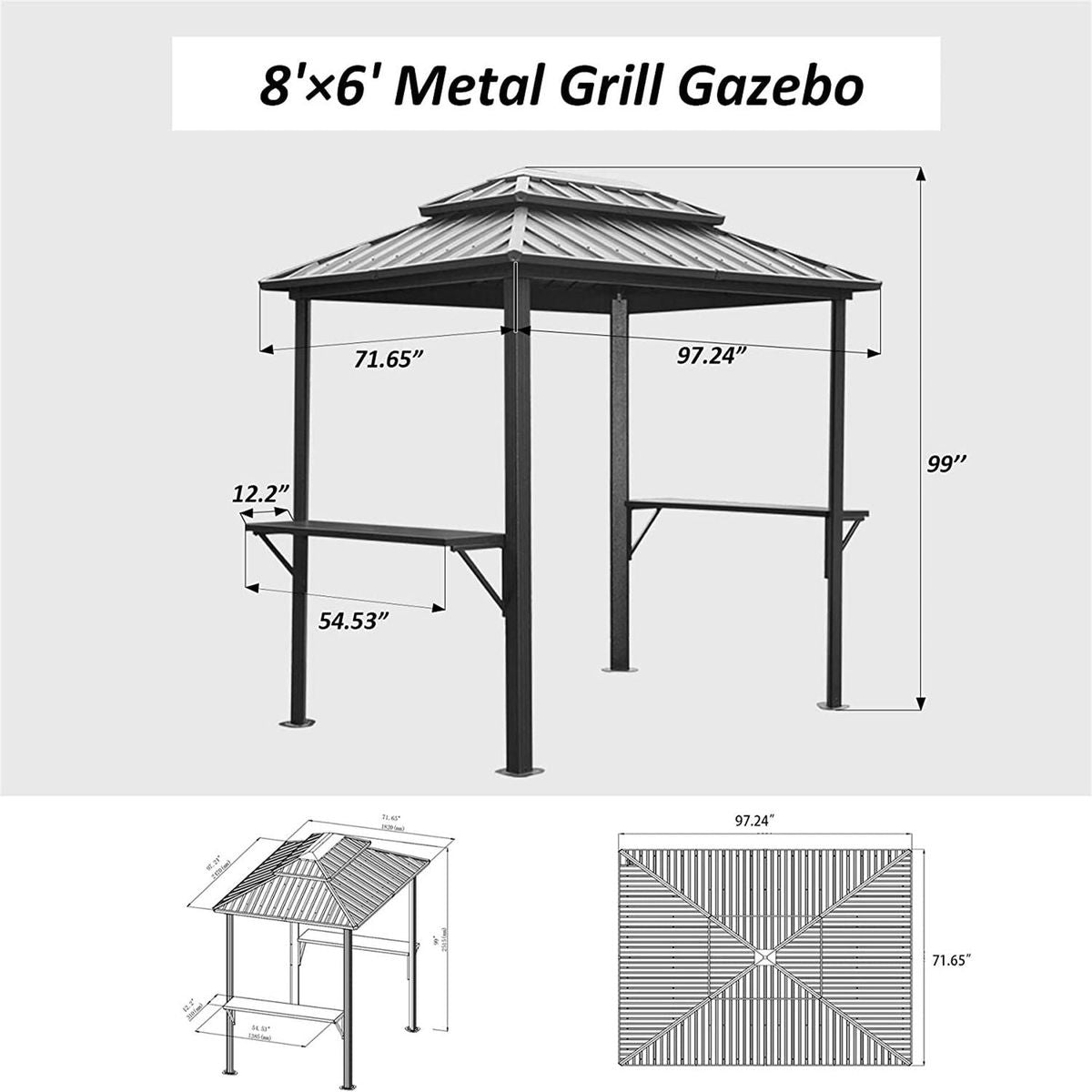 Grill Gazebo 8' x 6', Aluminum BBQ Gazebo Outdoor Metal Frame with Shelves Serving Tables, Permanent Double Roof Hard top Gazebos for Patio Lawn Deck Backyard and Garden (Grey)