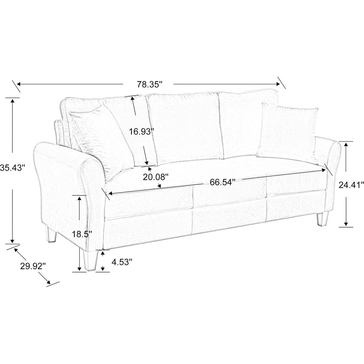 Modern Velvet Couch with 2 Pillow, 78 Inch Width Living Room Furniture, 3 Seater Sofa with Plastic Legs