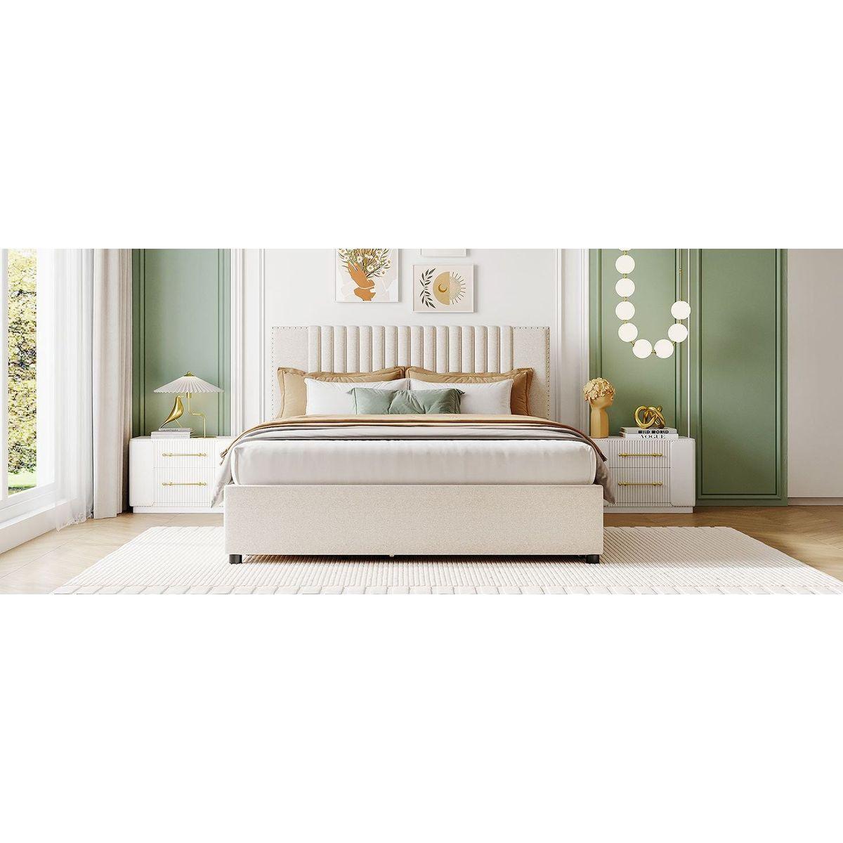 Queen Size Upholstered Platform Bed with 2 Drawers and 1 Twin XL Trundle, Classic Headboard Design, Beige