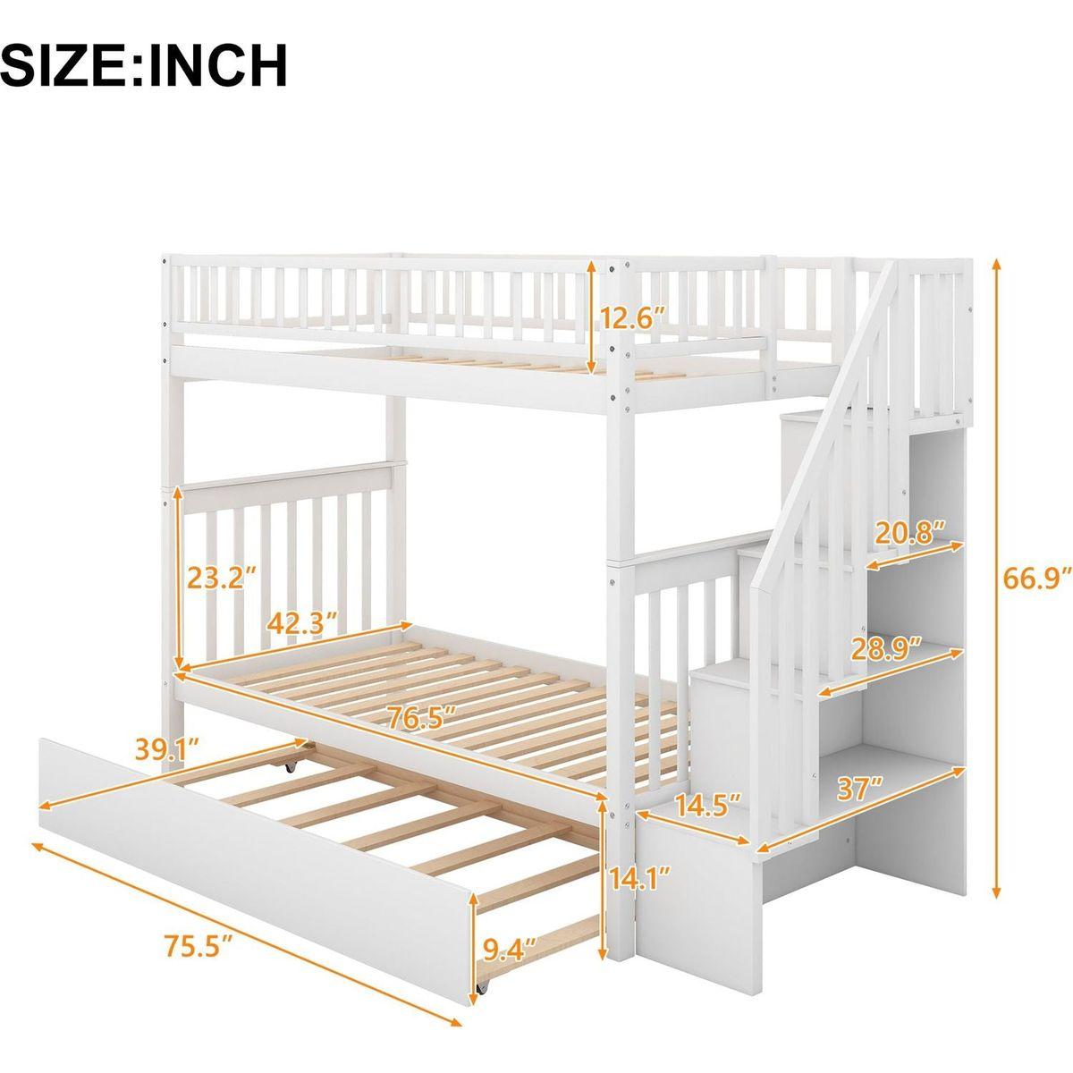 Twin over Twin Bunk Bed with Trundle and Storage, White - Streamdale Furniture