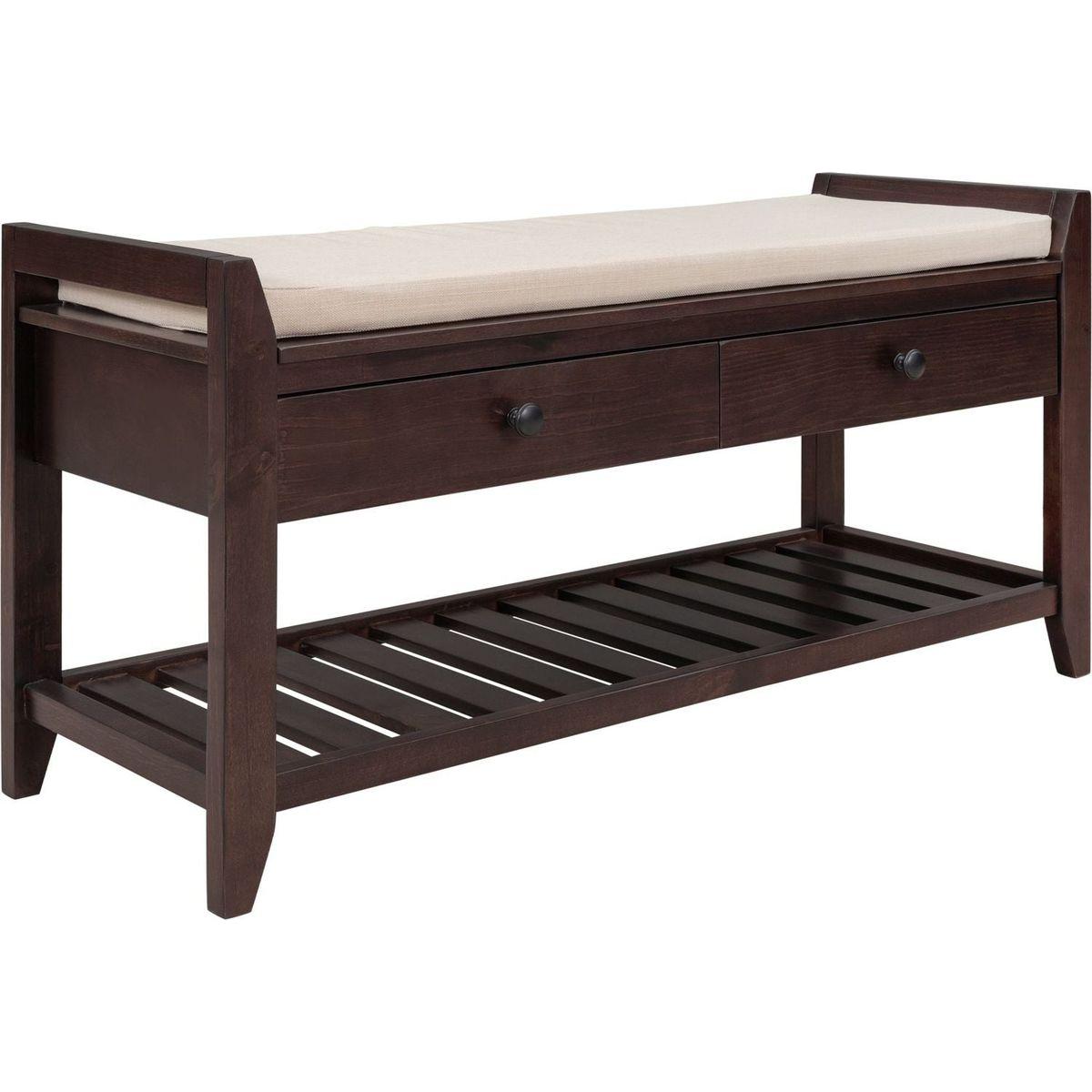 Shoe Rack with Cushioned Seat and Drawers, Multipurpose Entryway Storage Bench (Espresso)