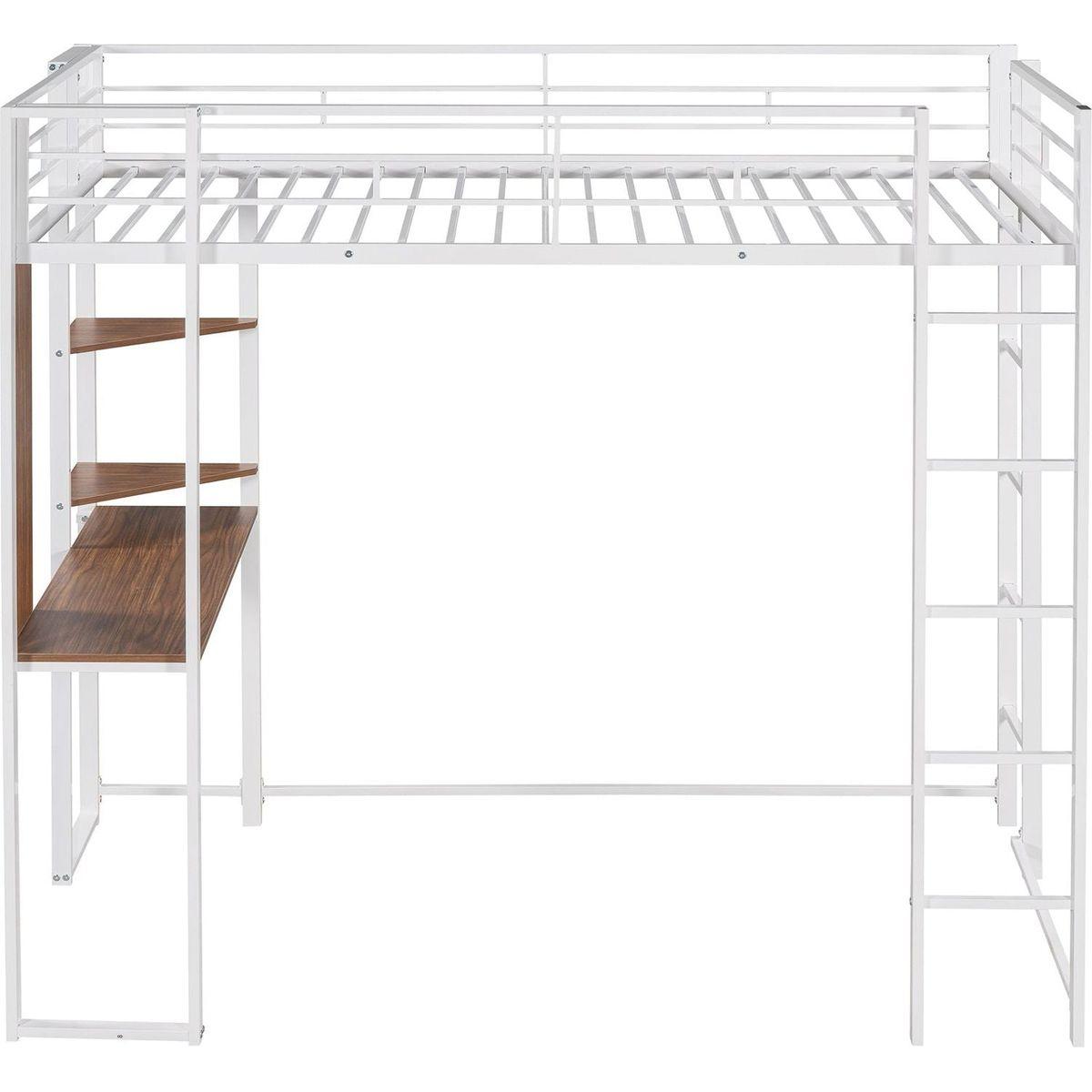 Twin Metal Loft Bed with 2 Shelves and one Desk, WHITE - Streamdale Furniture