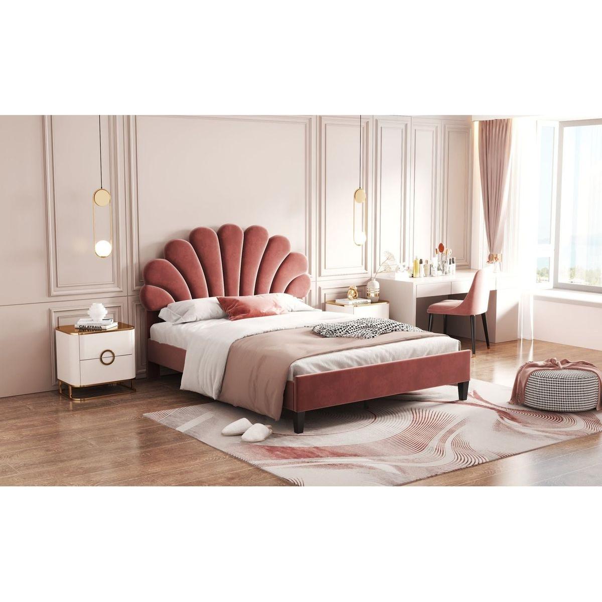 Full Size Upholstered Platform Bed with Flower Pattern Velvet Headboard, Bean Paste Red