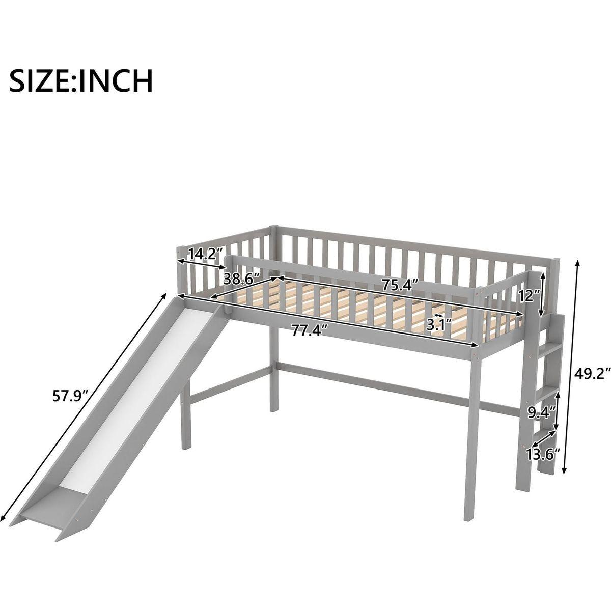 Twin Size Low Loft Bed with Ladder and Slide, Gray - Streamdale Furniture
