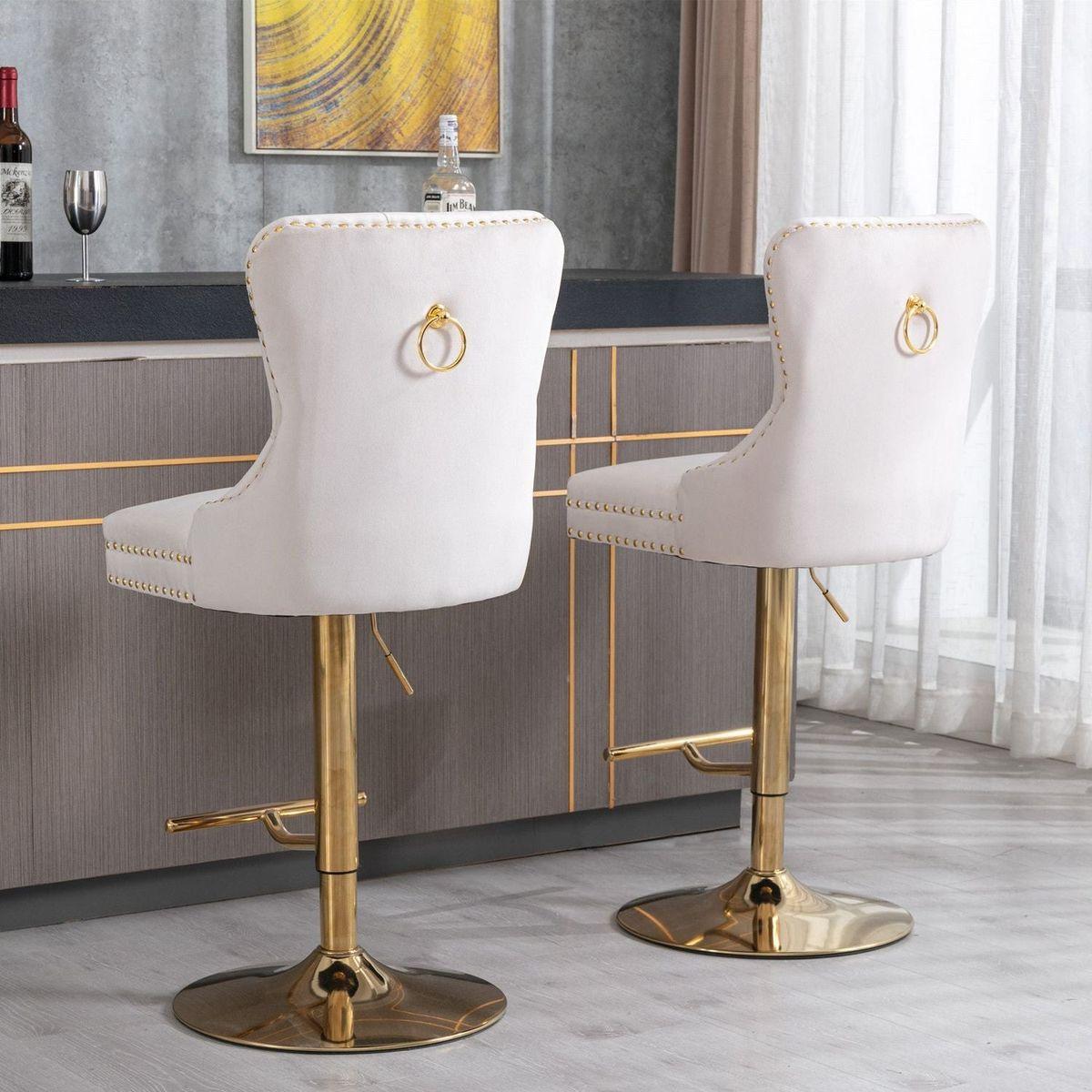 Furniture, Thick Golden Swivel Velvet Barstools Adjusatble Seat Height from 27-35 Inch, Modern Upholstered Bar Stools with Backs Comfortable Tufted for Home Pub and Kitchen Island (Beige, Set of 2) - Streamdale Furniture