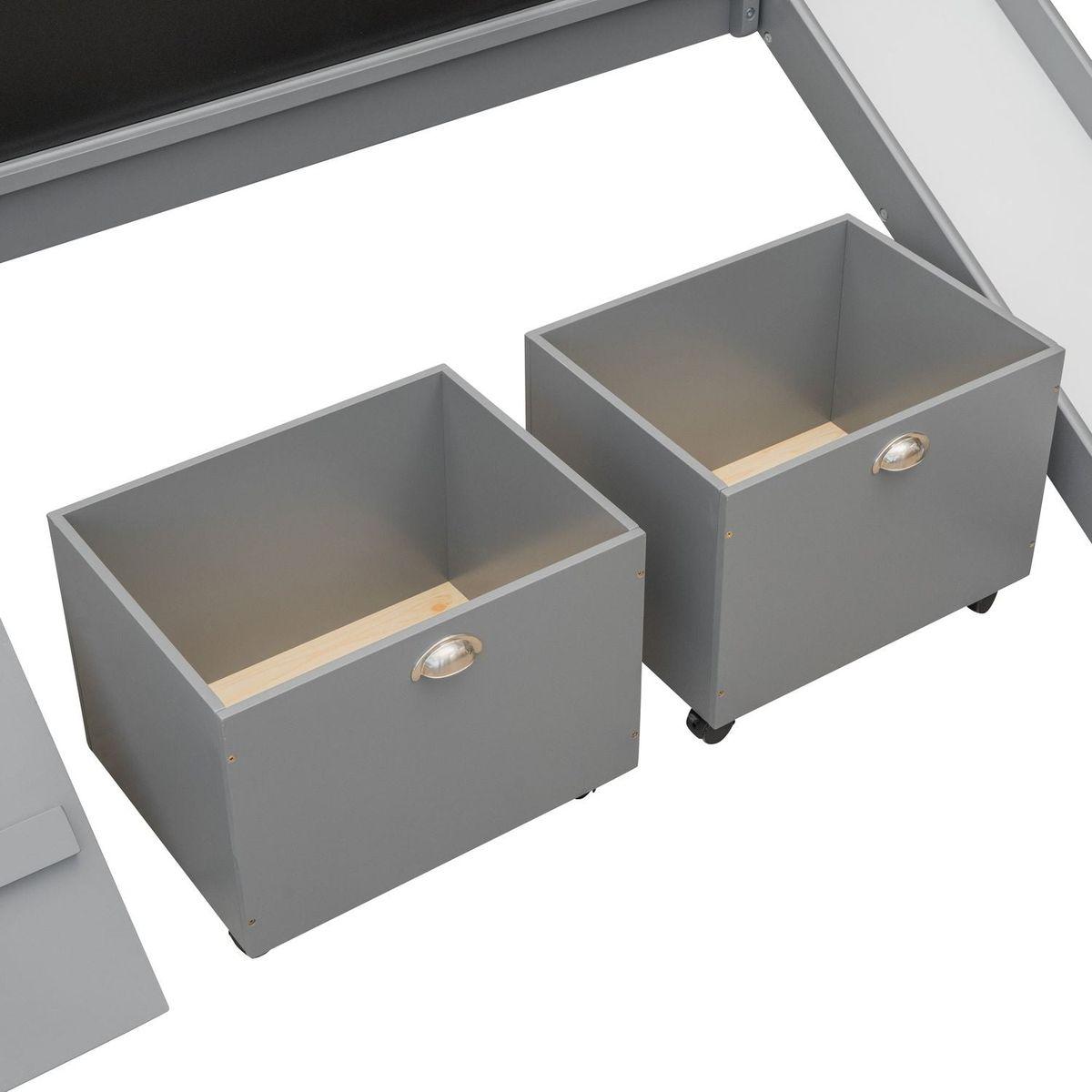 Twin size Loft Bed Wood Bed with Two Storage Boxes - Gray () - Streamdale Furniture