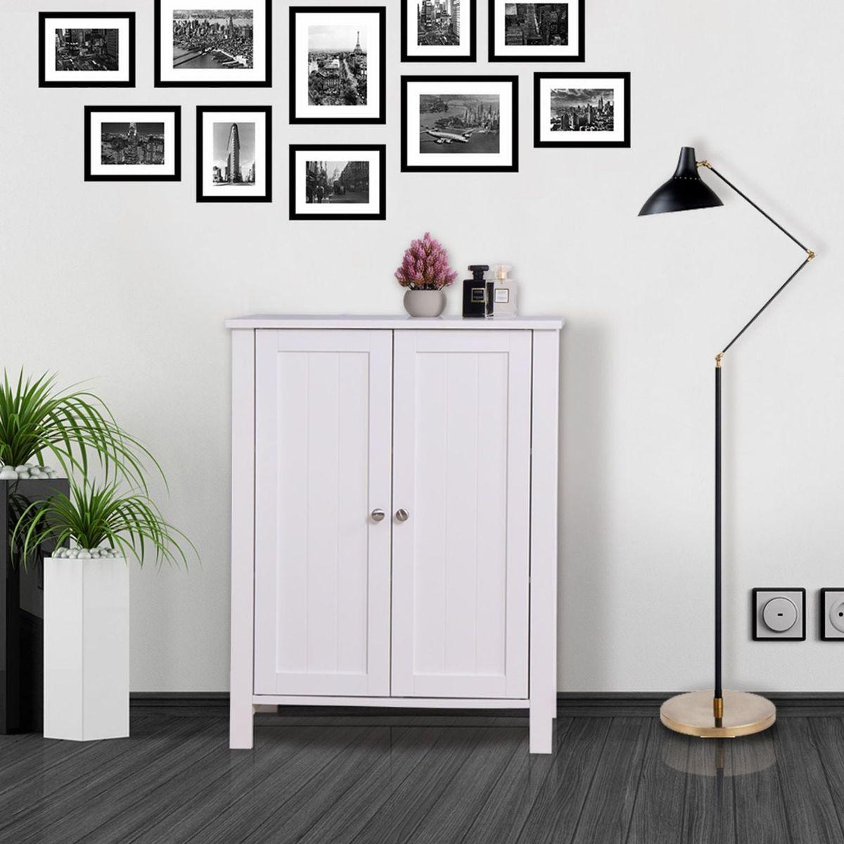 Bathroom Floor Storage Cabinet with Double Door Adjustable Shelf, White - Streamdale Furniture