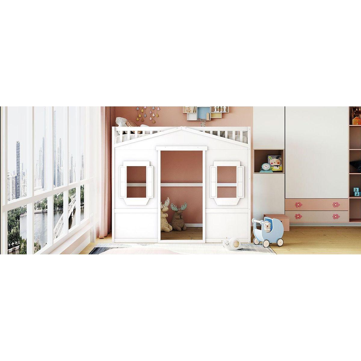 Full Size House Loft Bed With Ladder-White