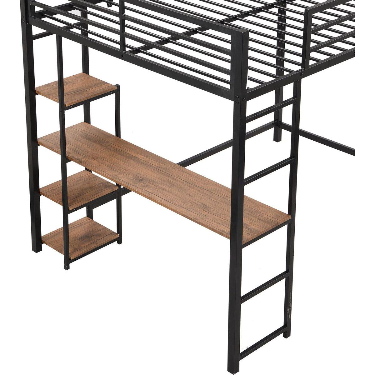 Full Size Metal Loft Bed with Built-in Desk and Storage Shelves, Black - Streamdale Furniture