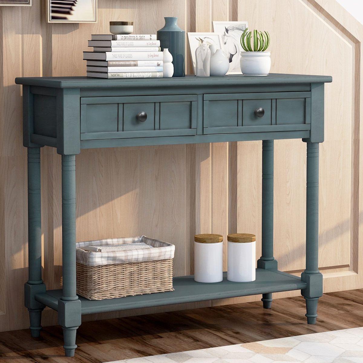 Daisy Series Console Table Traditional Design with Two Drawers and Bottom Shelf (Navy) - Streamdale Furniture