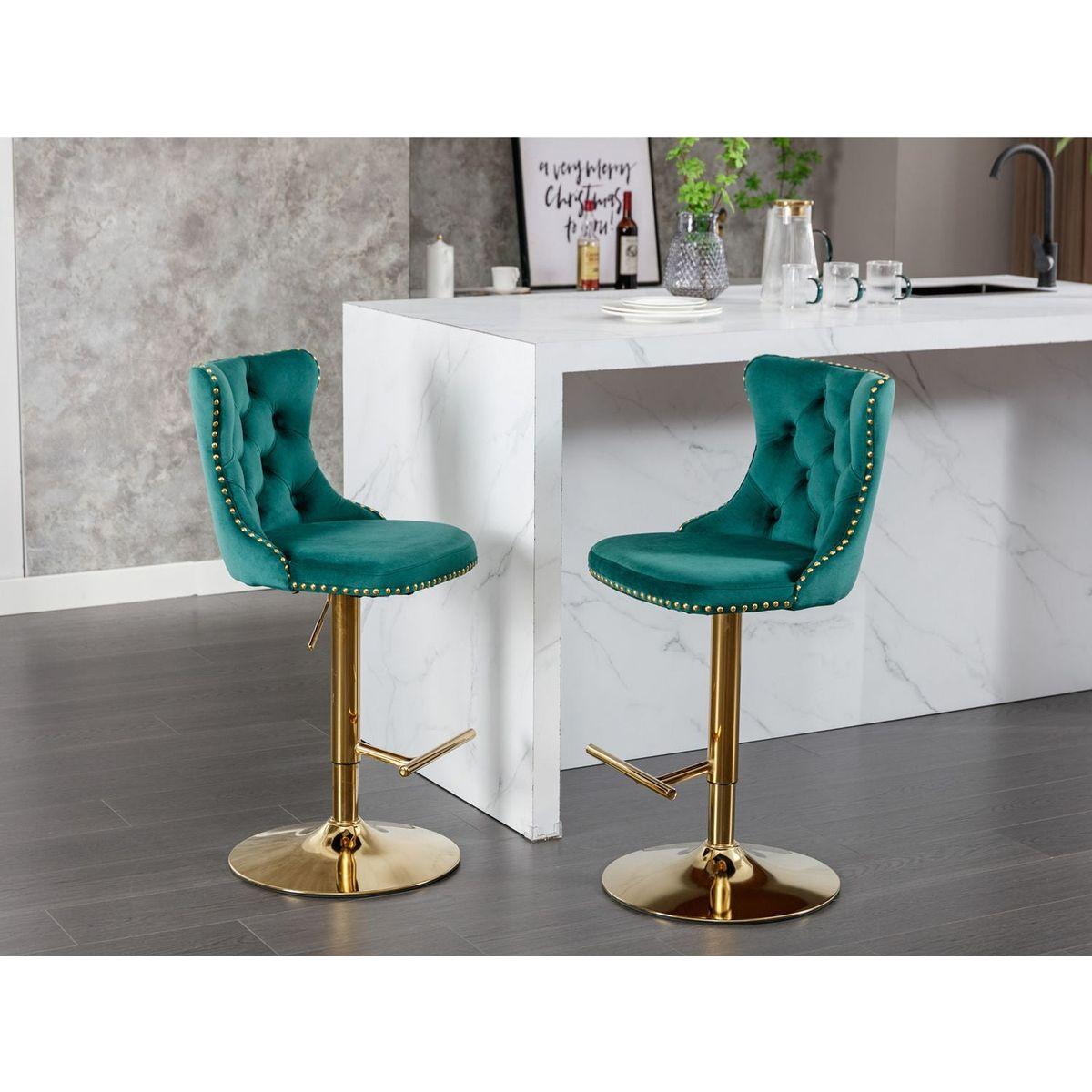 Golden Swivel Velvet Barstools Adjusatble Seat Height from 25-33 Inch, Modern Upholstered Bar Stools with Backs Comfortable Tufted for Home Pub and Kitchen IslandGreen, Set of 2)