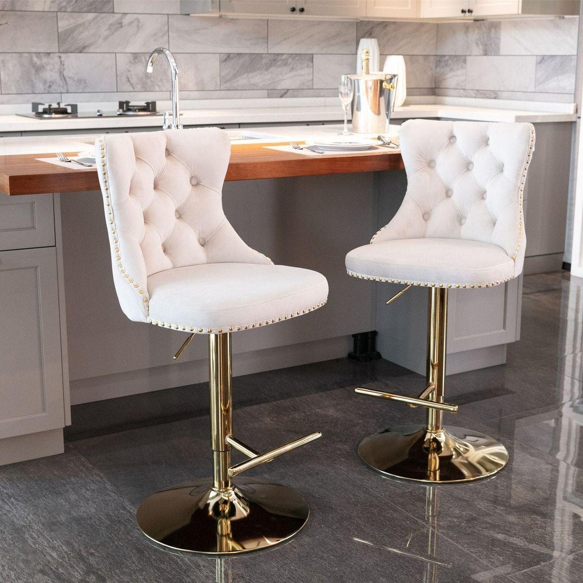 Golden Swivel Velvet Barstools Adjusatble Seat Height from 25-33 Inch, Modern Upholstered Bar Stools with Backs Comfortable Tufted for Home Pub and Kitchen Islandeige, Set of 2) - Streamdale Furniture