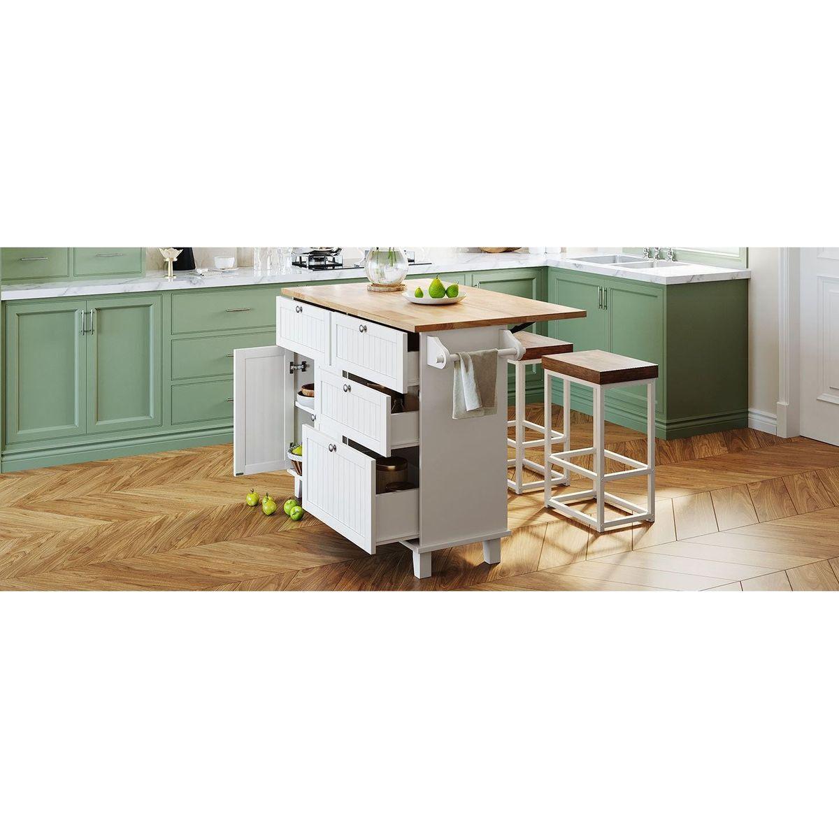 Farmhouse Kitchen Island Set with Drop Leaf and 2 Seatings, Dining Table Set with Storage Cabinet, Drawers and Towel Rack, White+Rustic Brown