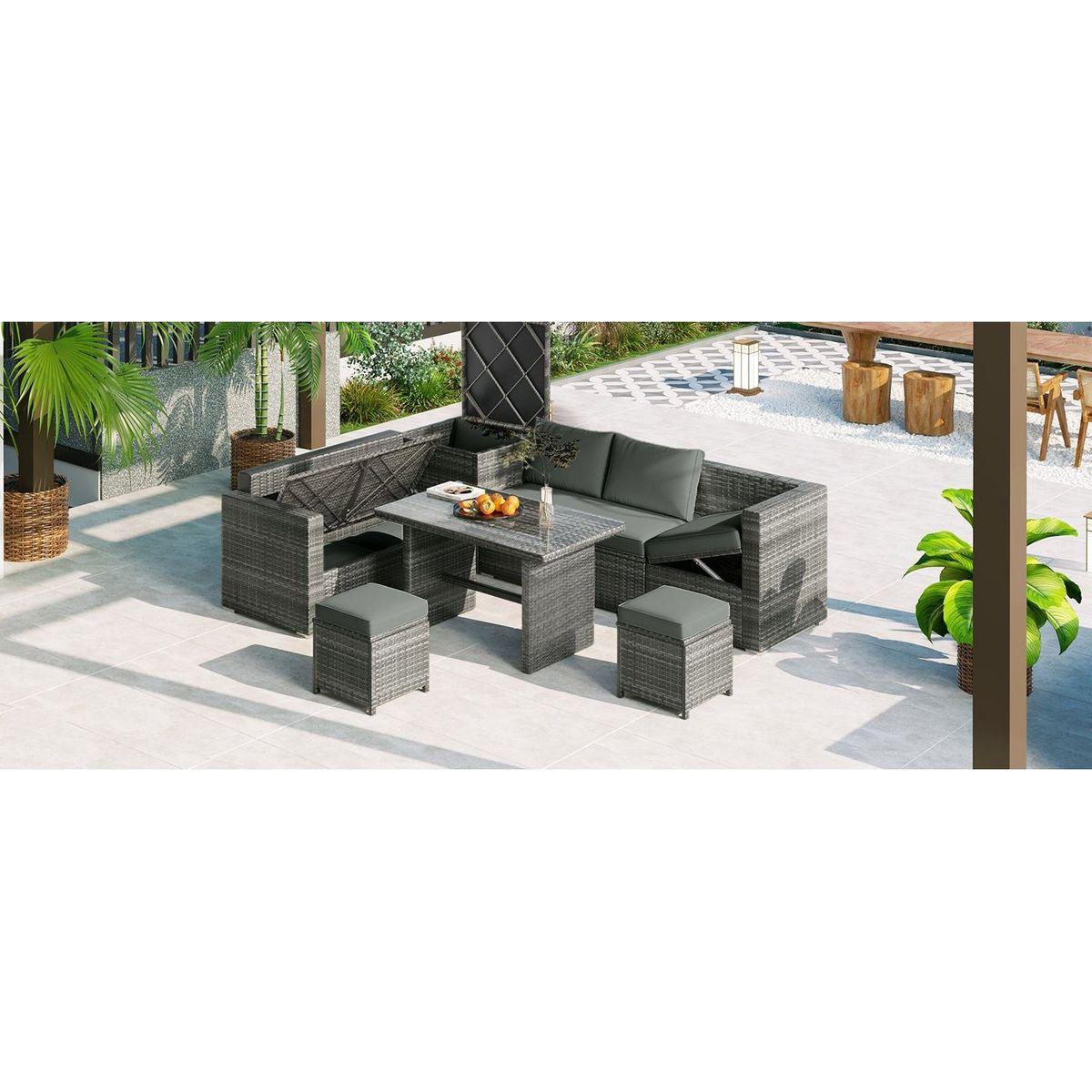 Outdoor 6-Piece All Weather PE Rattan Sofa Set, Garden Patio Wicker Sectional Furniture Set with Adjustable Seat, Storage Box, Removable Covers and Tempered Glass Top Table, Grey