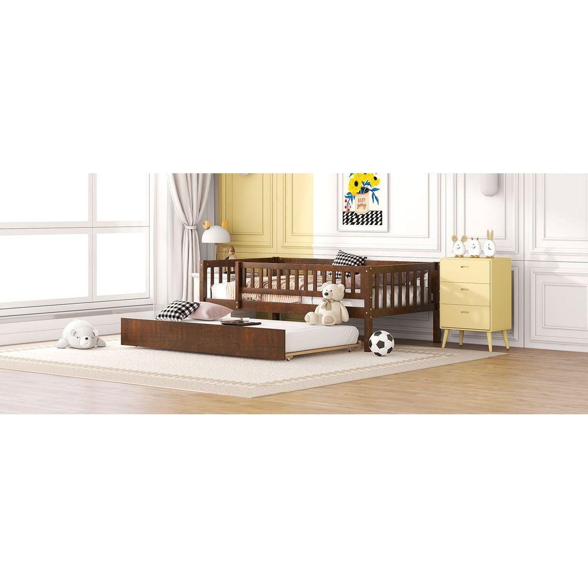 Twin Size Wood Daybed with Trundle and Fence Guardrails, Walnut - Streamdale Furniture