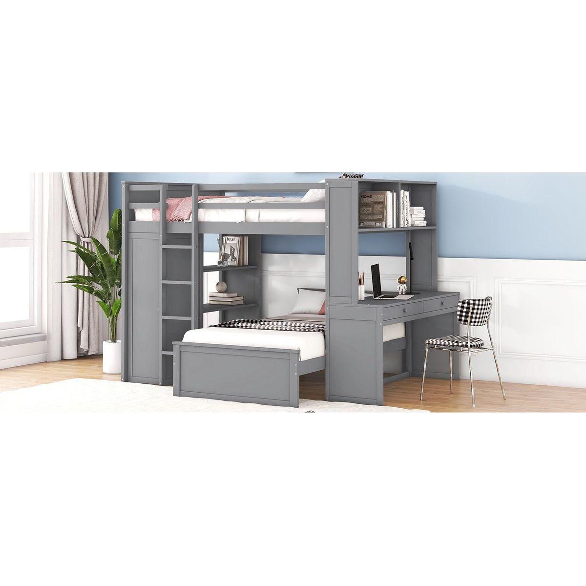 Full size Loft Bed with a twin size Stand-alone bed, Shelves, Desk, and Wardrobe-Gray - Streamdale Furniture