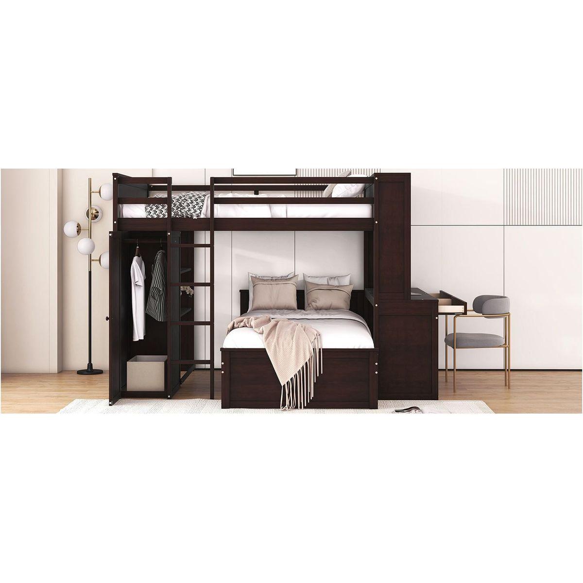 Full size Loft Bed with a twin size Stand-alone bed, Shelves, Desk, and Wardrobe-Espresso