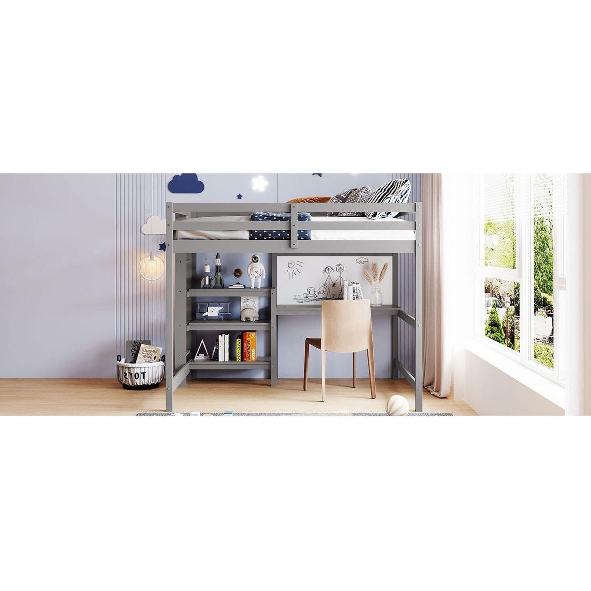 Full Size Wooden Loft Bed with Shelves, Desk and Writing Board - Gray