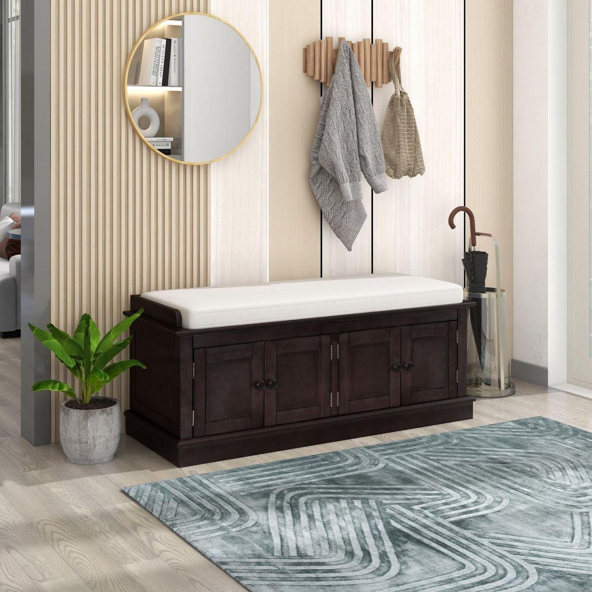 Storage Bench with 4 Doors and Adjustable Shelves, Shoe Bench with Removable Cushion for Living Room, Entryway (Espresso) - Streamdale Furniture