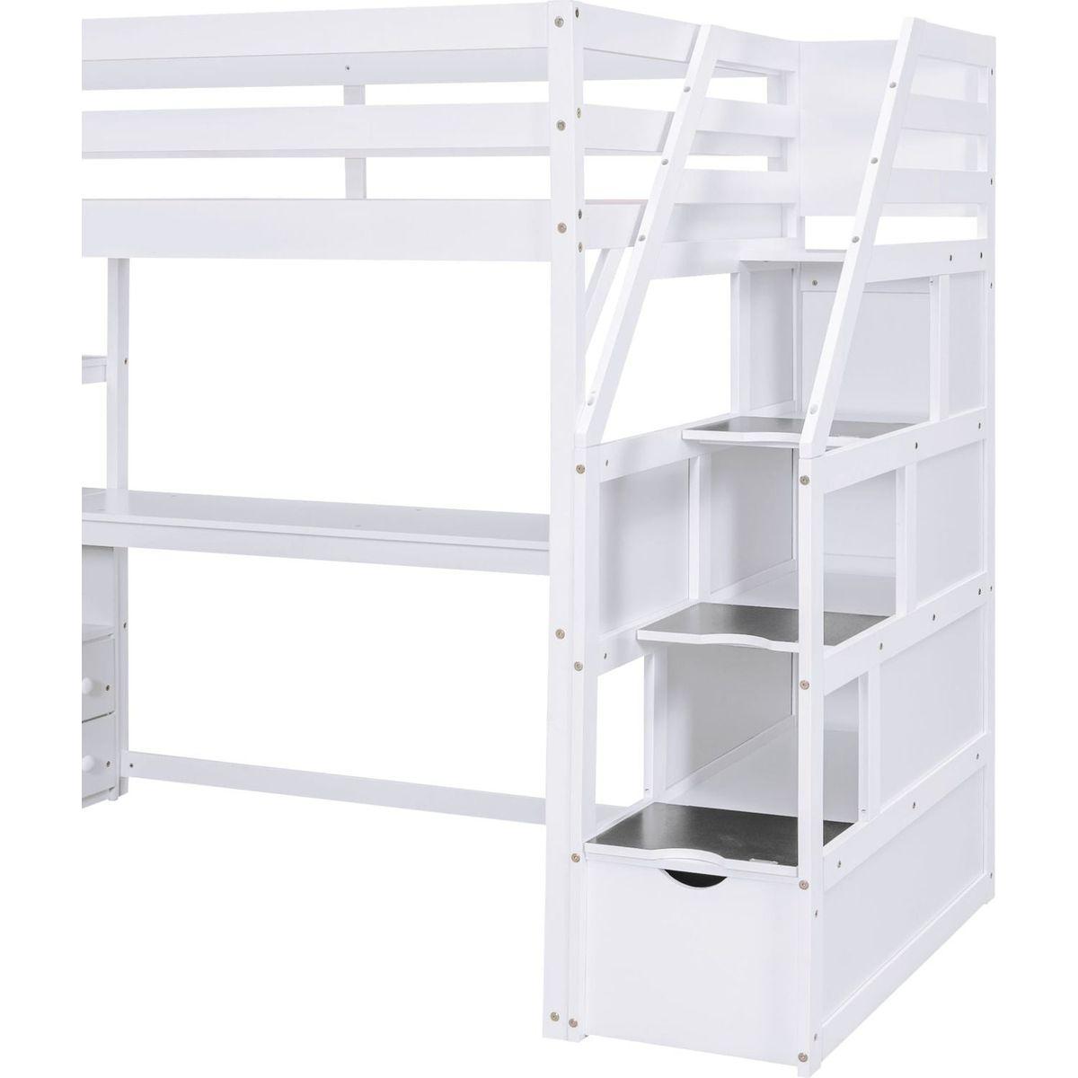 Twin Size Loft Bed with Desk and Shelves, Two Built-in Drawers, Storage Staircase, White - Streamdale Furniture