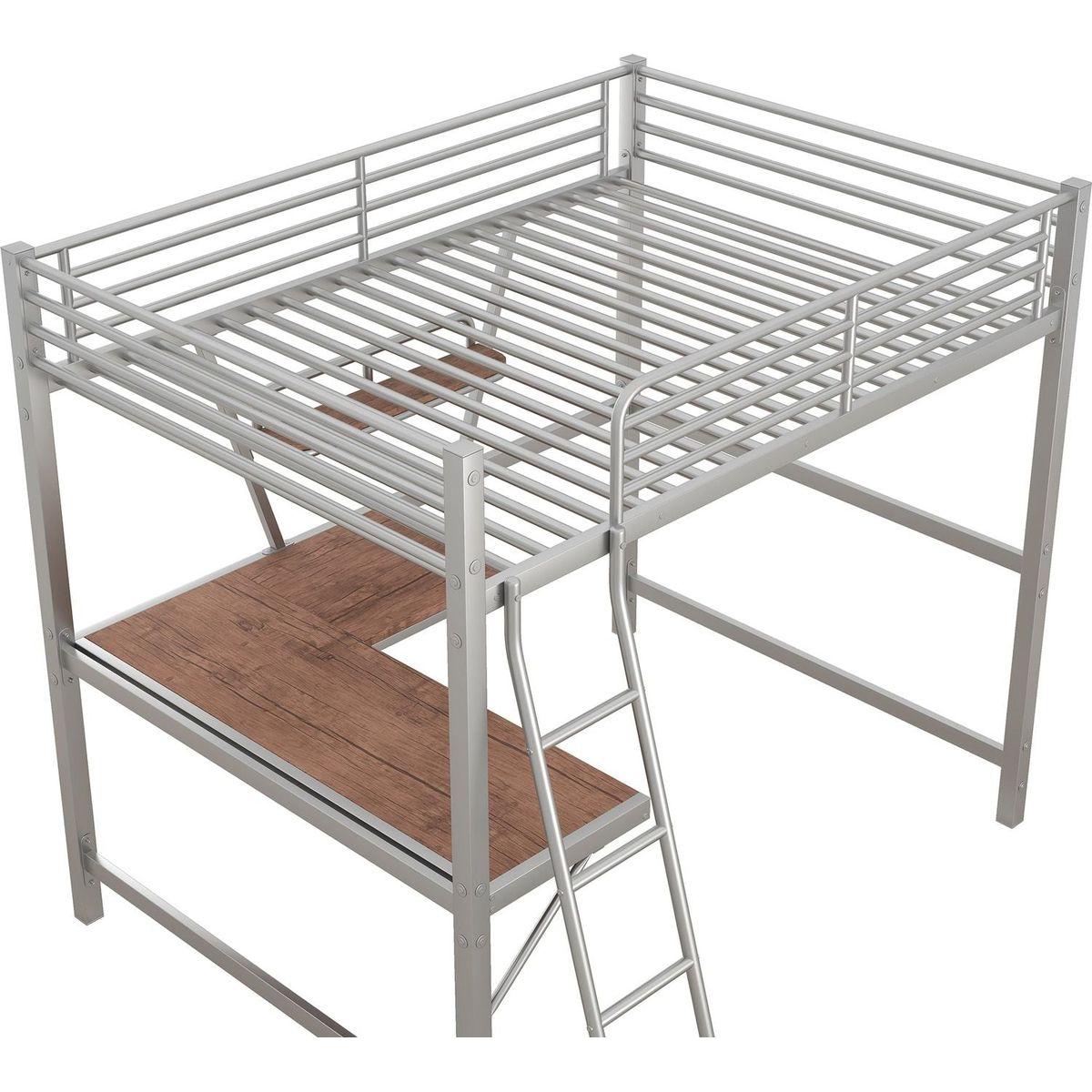Full Size Loft Metal&MDF Bed with Desk and Shelf, Silver