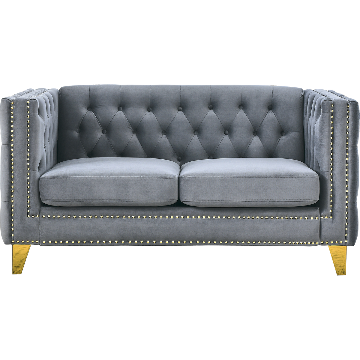 Velvet Sofa for Living Room,Buttons Tufted Square Arm Couch, Modern Couch Upholstered Button and Metal Legs, Sofa Couch for Bedroom, Grey Velvet-2S