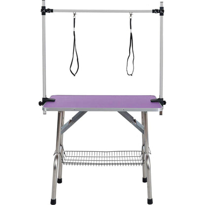 46" Folding Dog Pet Grooming Table Stainless Steel Frame Rubber Mat on Board with Adjustable Arm and Clamps pet dog Cat Grooming Table (PURPLE COLOR)
