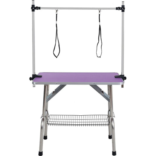 42" Folding Dog Pet Grooming Table Stainless Steel Frame Rubber Mat on Board with Adjustable Arm and Clamps pet dog Cat Grooming Table (PURPLE COLOR)