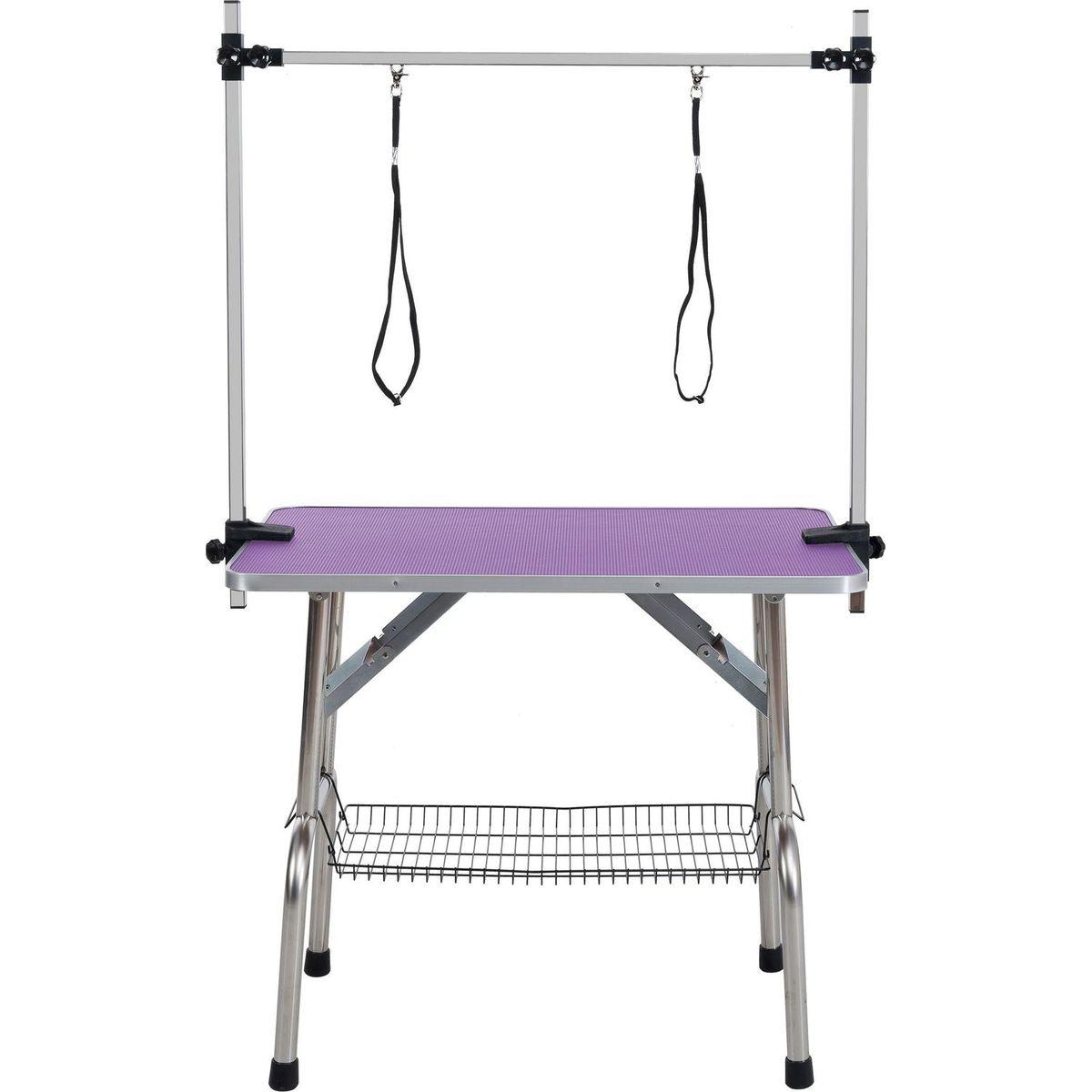 36" Folding Dog Pet Grooming Table Stainless Steel Frame Rubber Mat on Board with Adjustable Arm and Clamps pet dog Cat Grooming Table (PURPLE COLOR)
